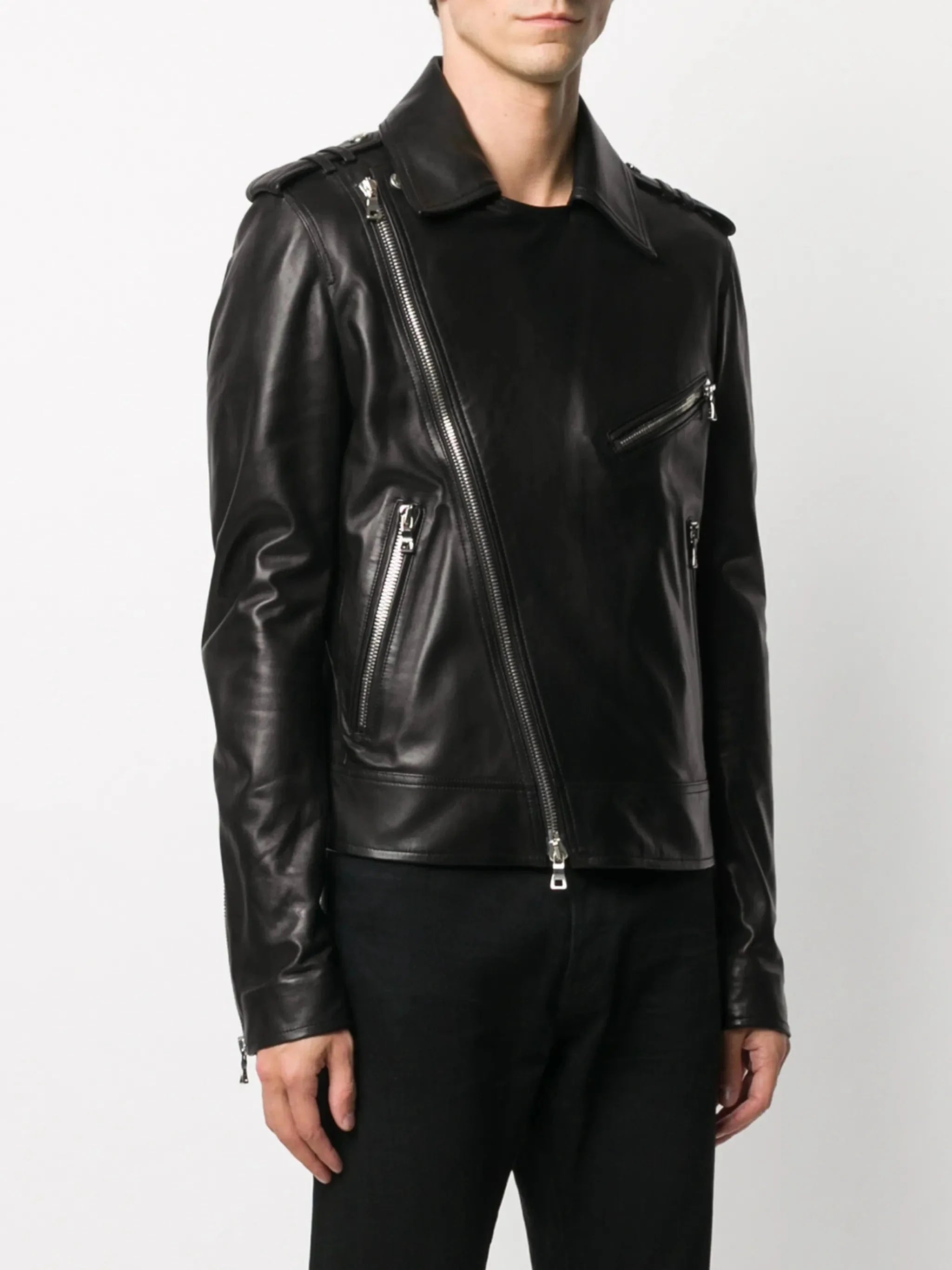 Balmain Silver Zip-Detail Biker Jacket
