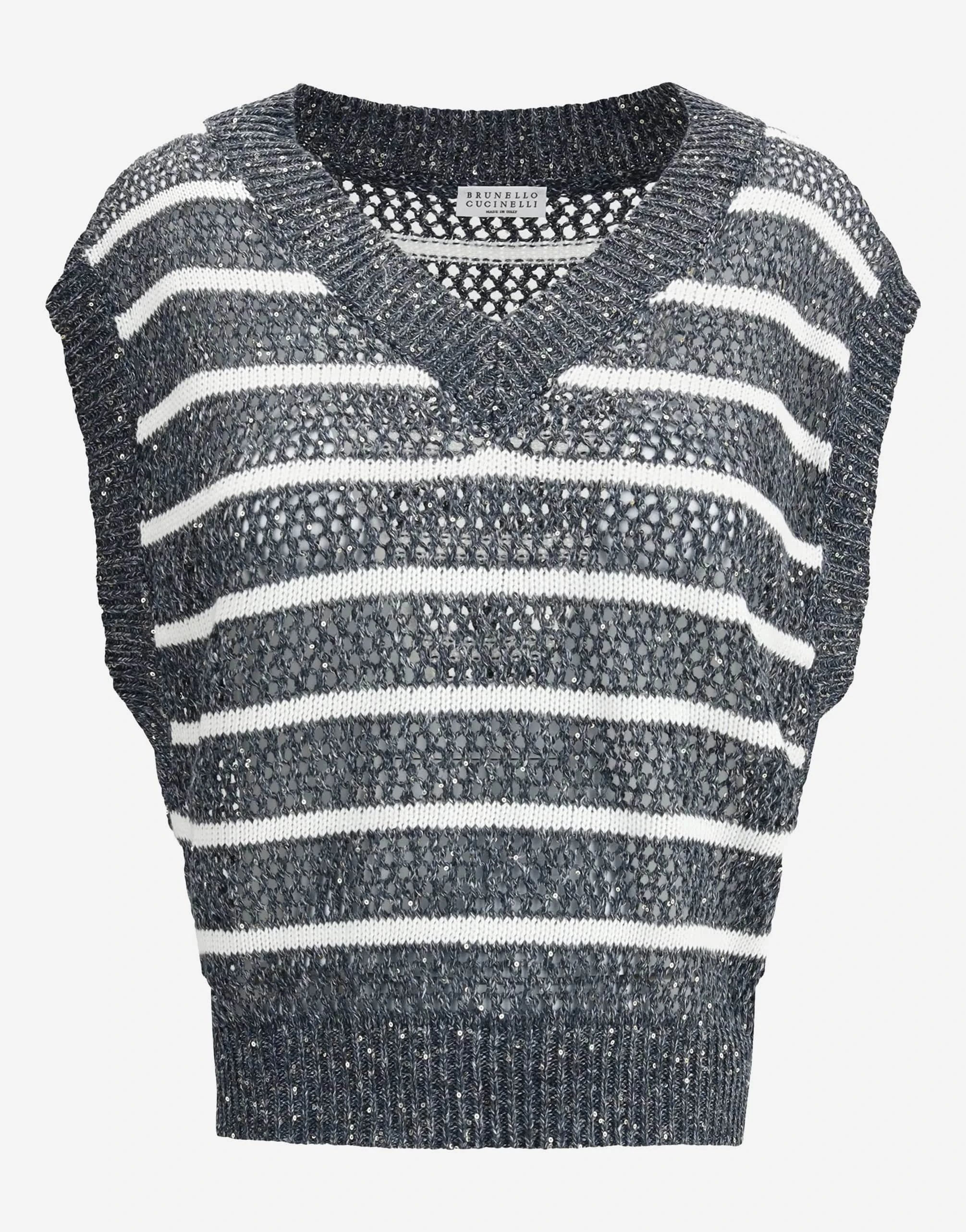 Brunello Cucinelli Dazzling Striped Knit Sleeveless T-Shirt