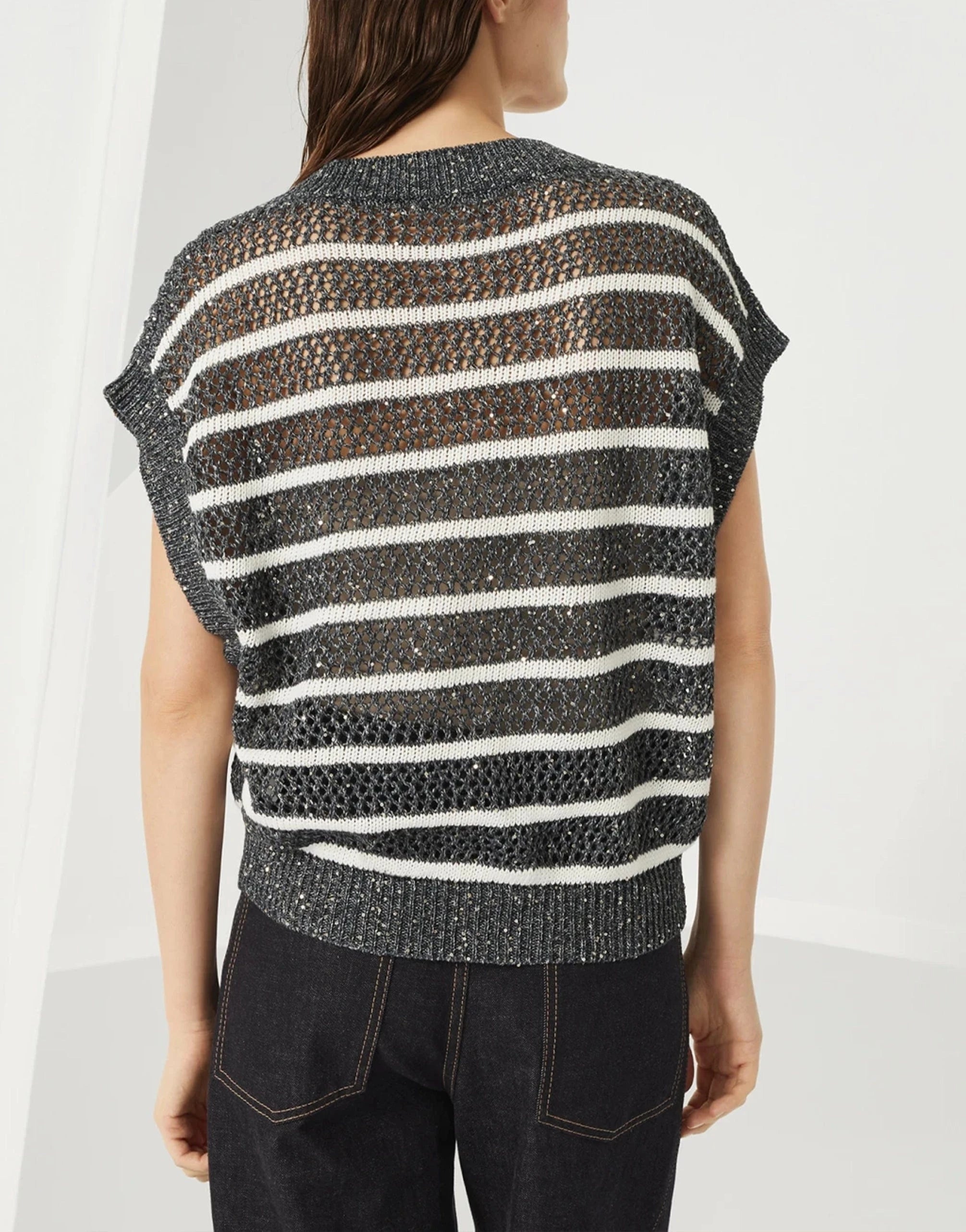 Brunello Cucinelli Dazzling Striped Knit Sleeveless T-Shirt