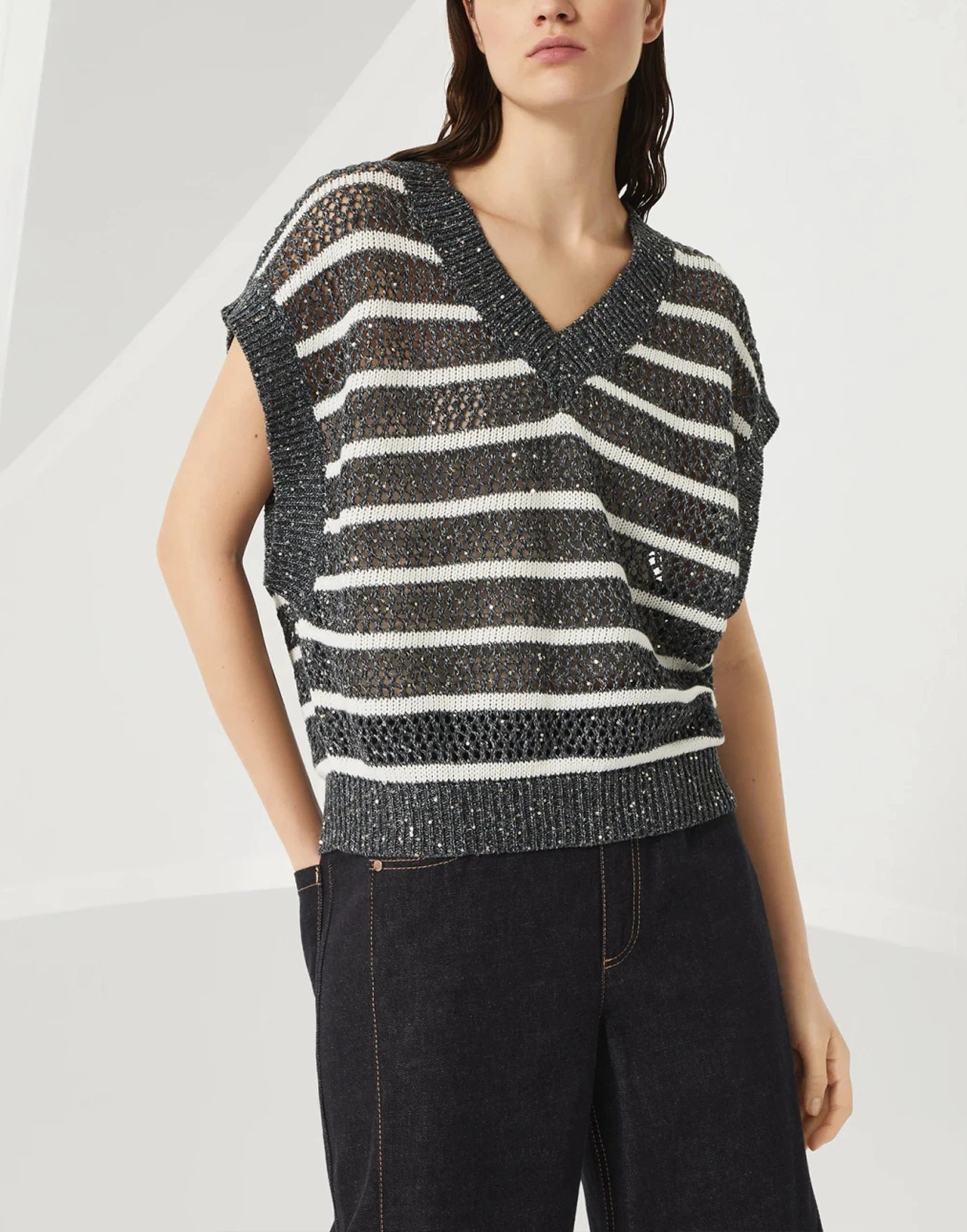 Brunello Cucinelli Dazzling Striped Knit Sleeveless T-Shirt