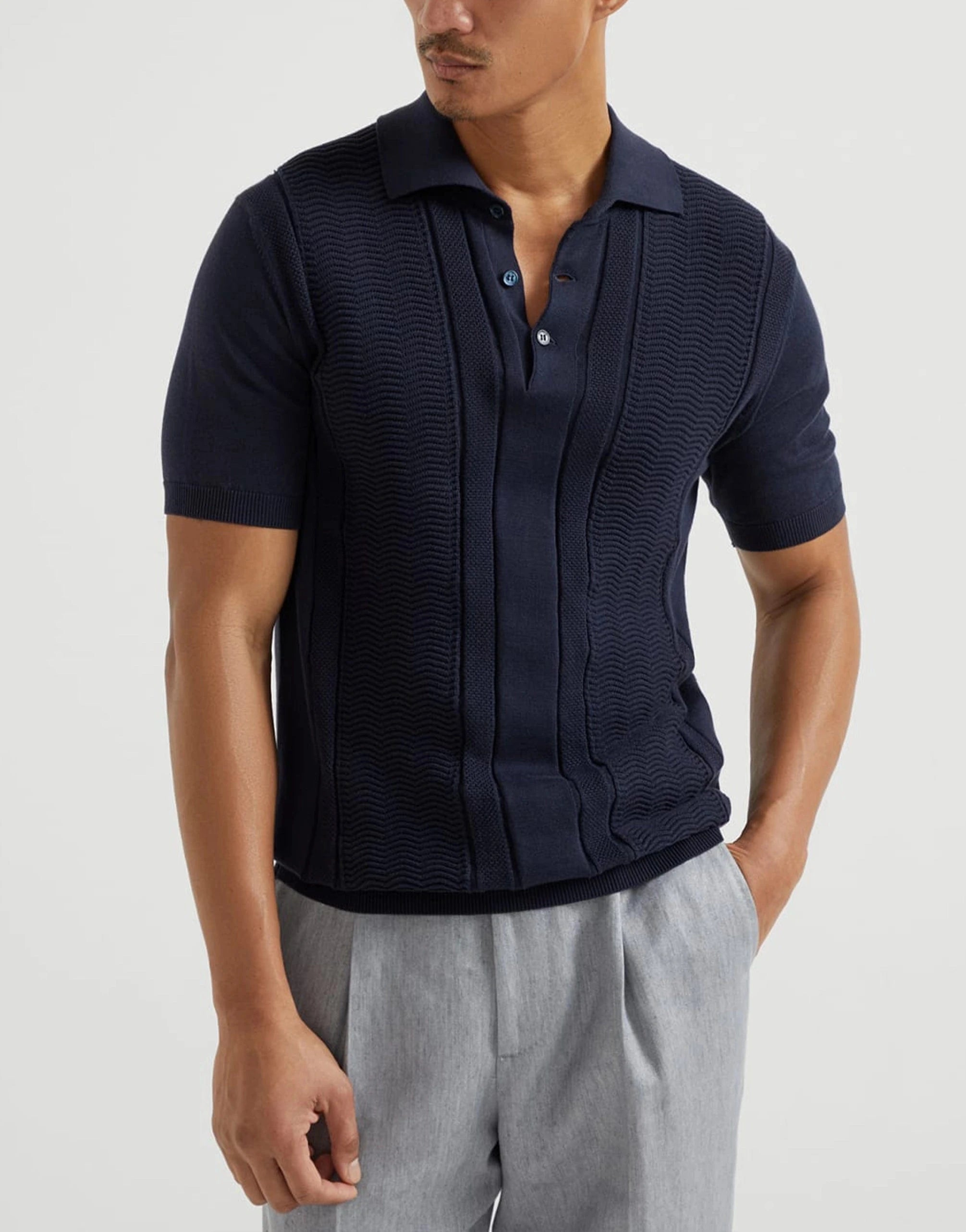 Brunello Cucinelli Jacquard Striped Cotton Knit Polo Shirt