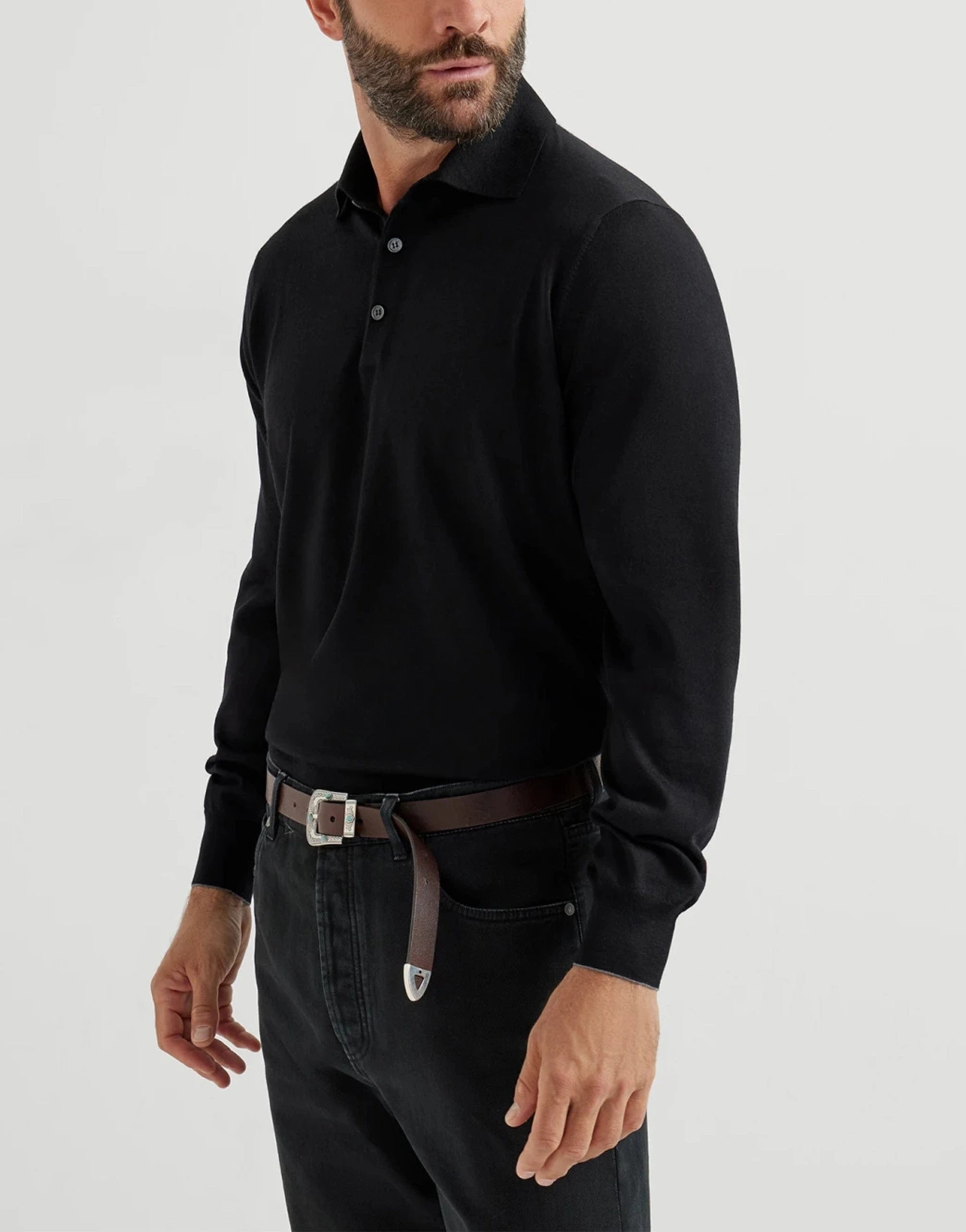 Brunello Cucinelli Long-Sleeve Wool-Cashmere Blend Polo Shirt