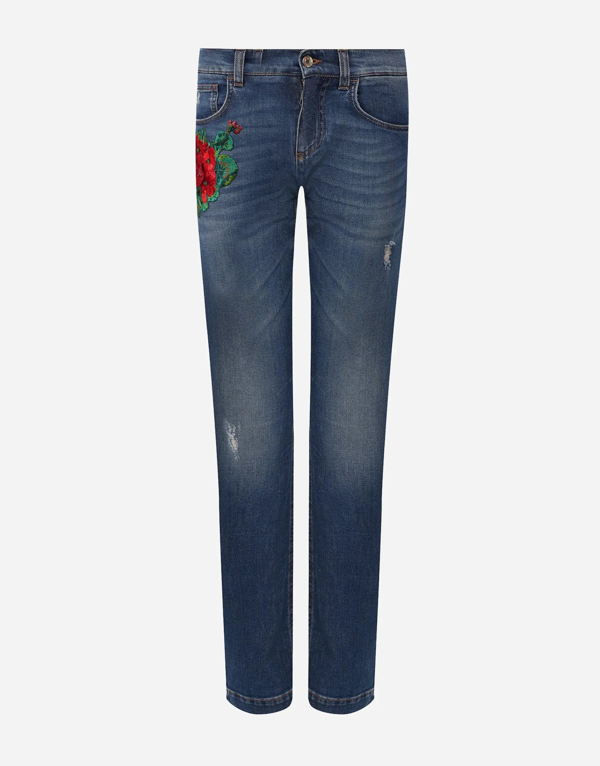 Dolce
Gabbana Embroidered Rose Slim-Fit Stretch Denim Jeans