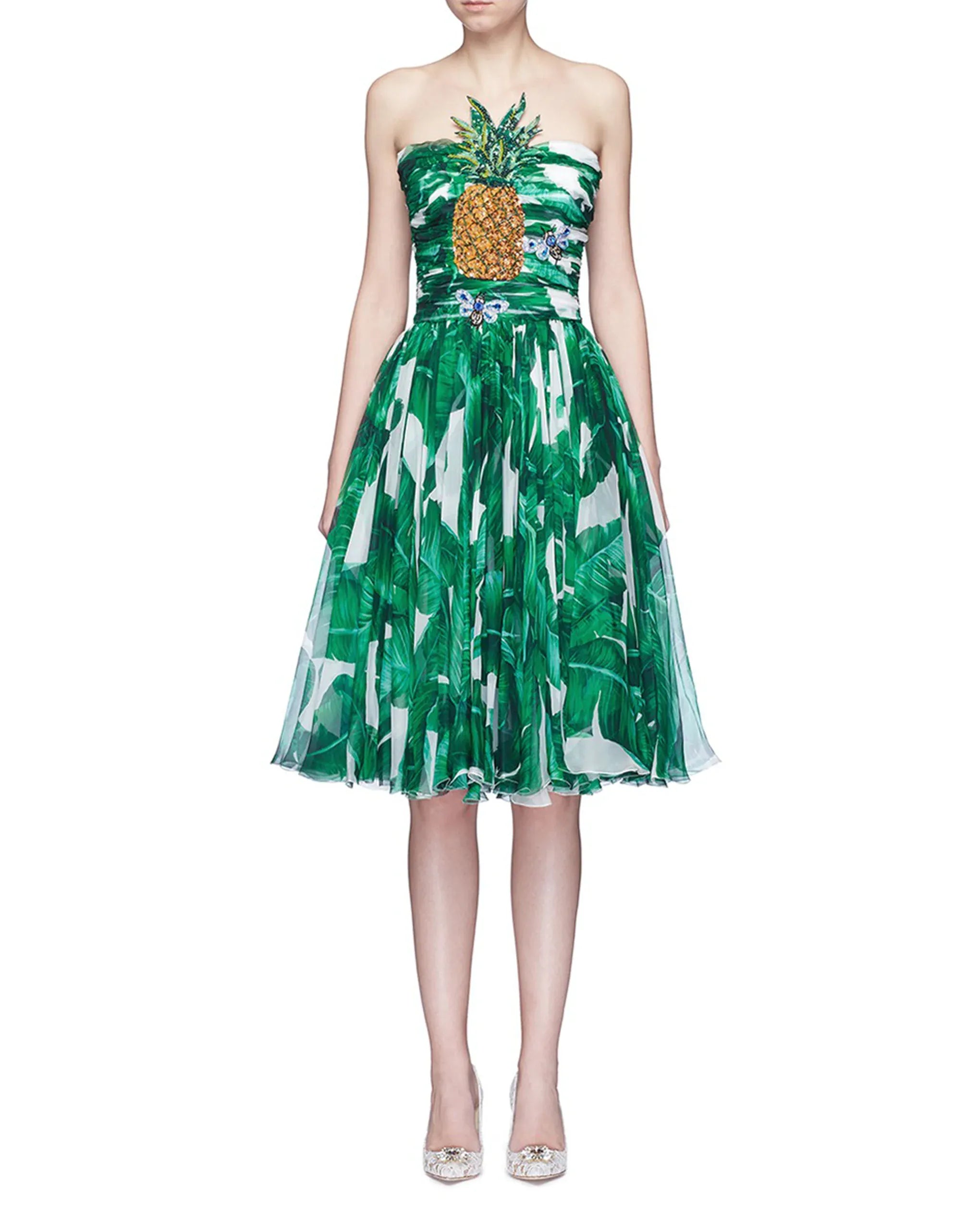 Dolce
Gabbana Pineapple Embellished Banana Leaf-Print Strapless Dress