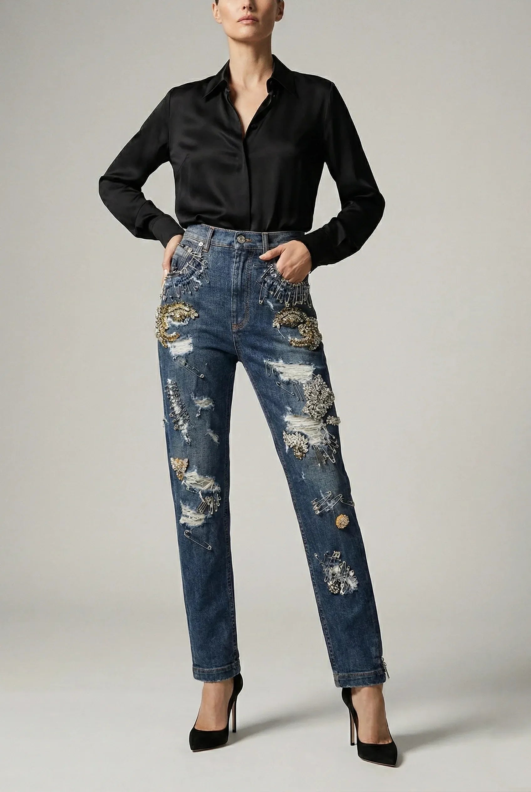 Dolce
Gabbana Runway Amber Rhinestone And Pins Embellished Jeans