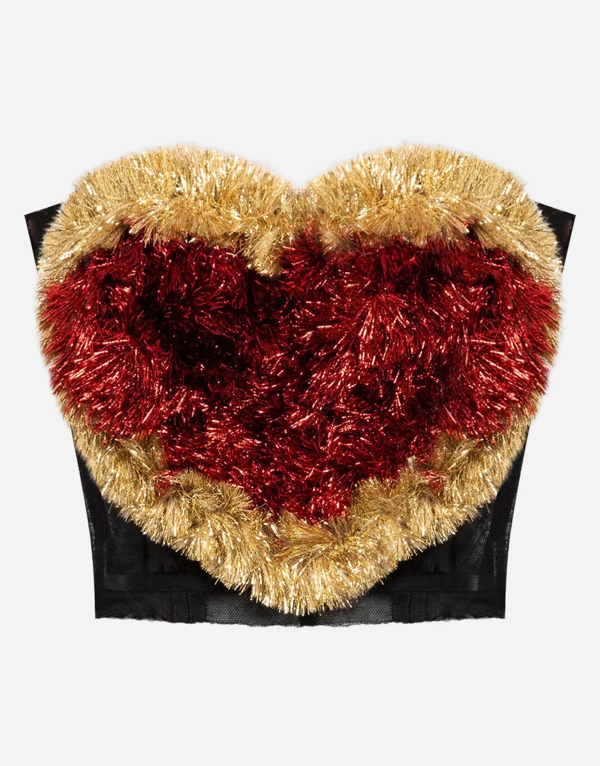 Dolce
Gabbana Tinsel Heart Strapless Mesh Bustier Top