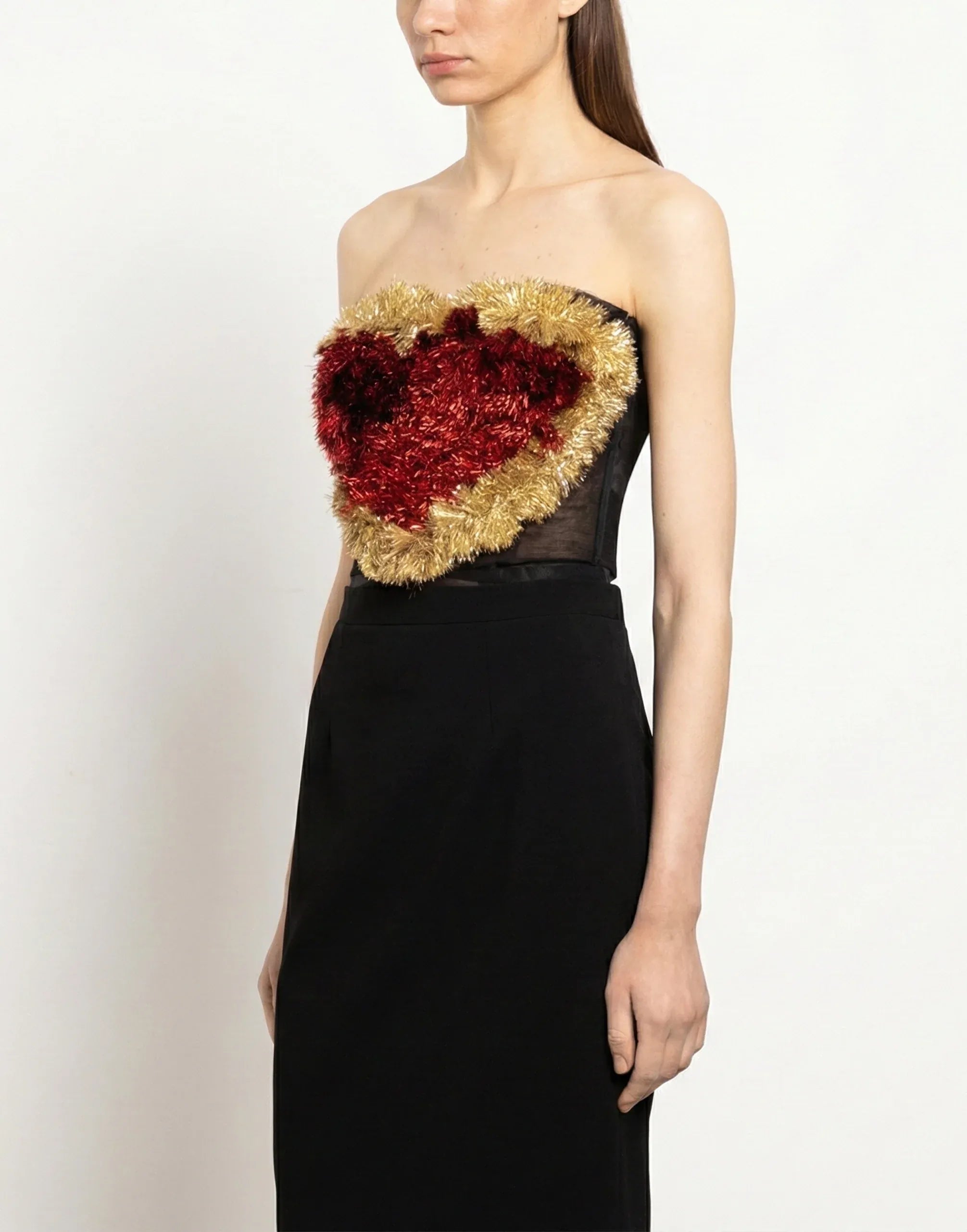 Dolce
Gabbana Tinsel Heart Strapless Mesh Bustier Top