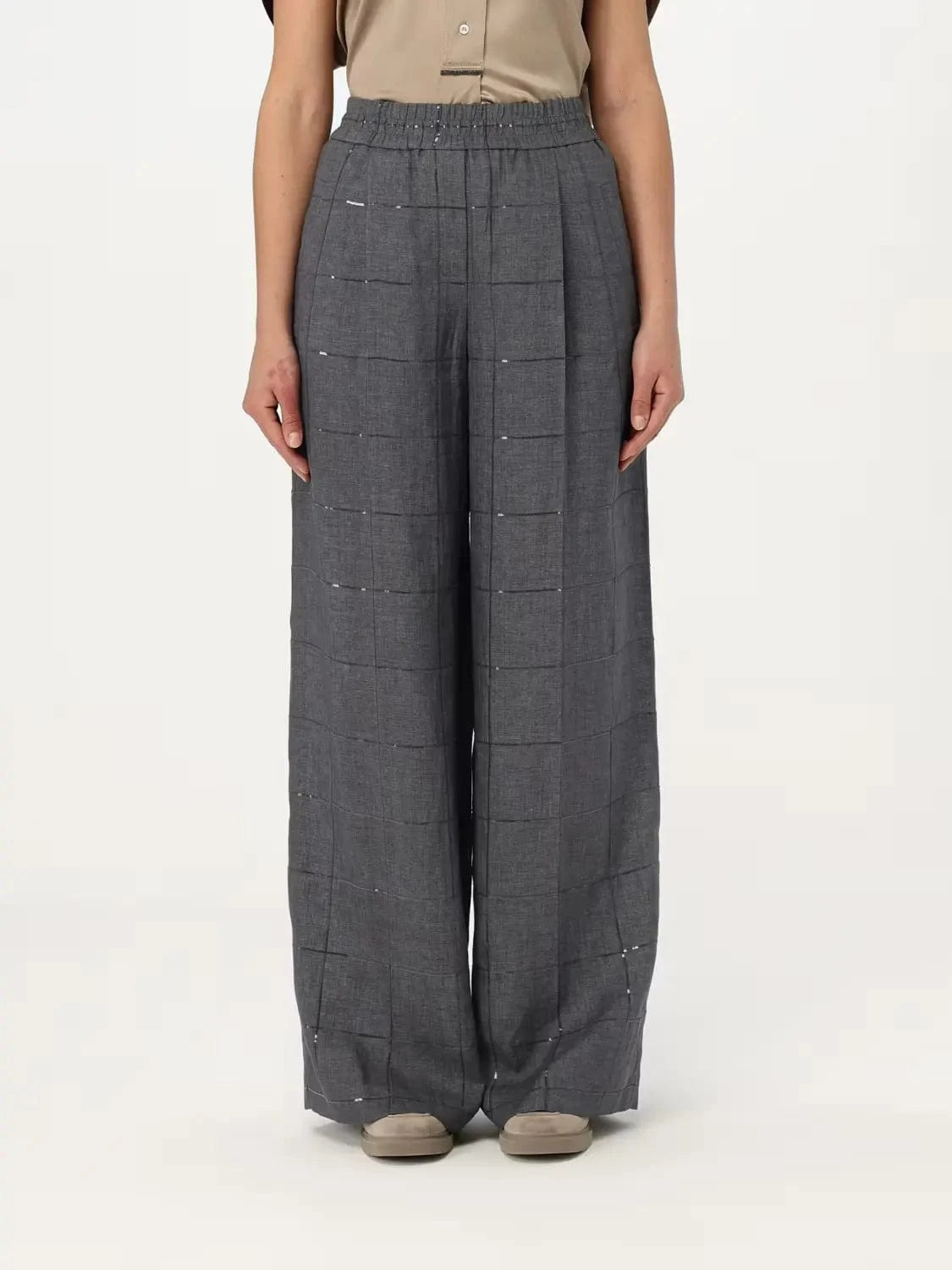 Brunello Cucinelli Check Linen Palazzo Trousers
