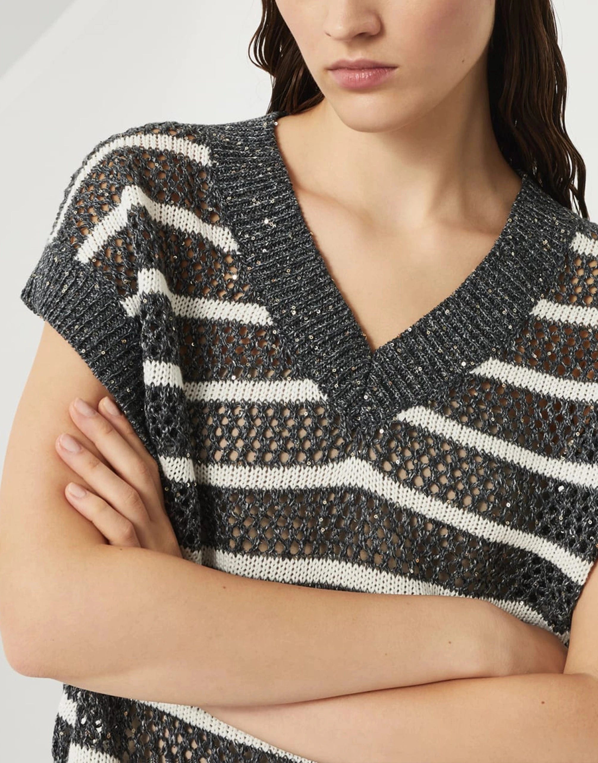 Brunello Cucinelli Dazzling Striped Knit Sleeveless T-Shirt