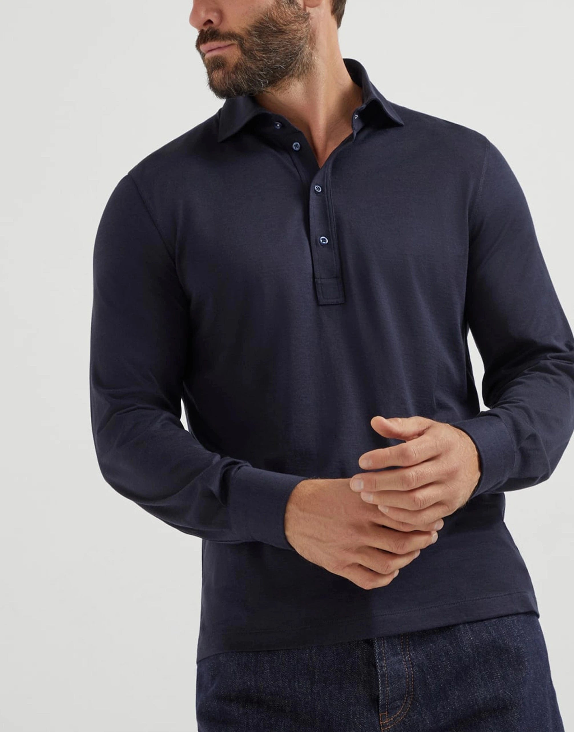 Brunello Cucinelli Silk-Cotton Long Sleeve Polo Shirt