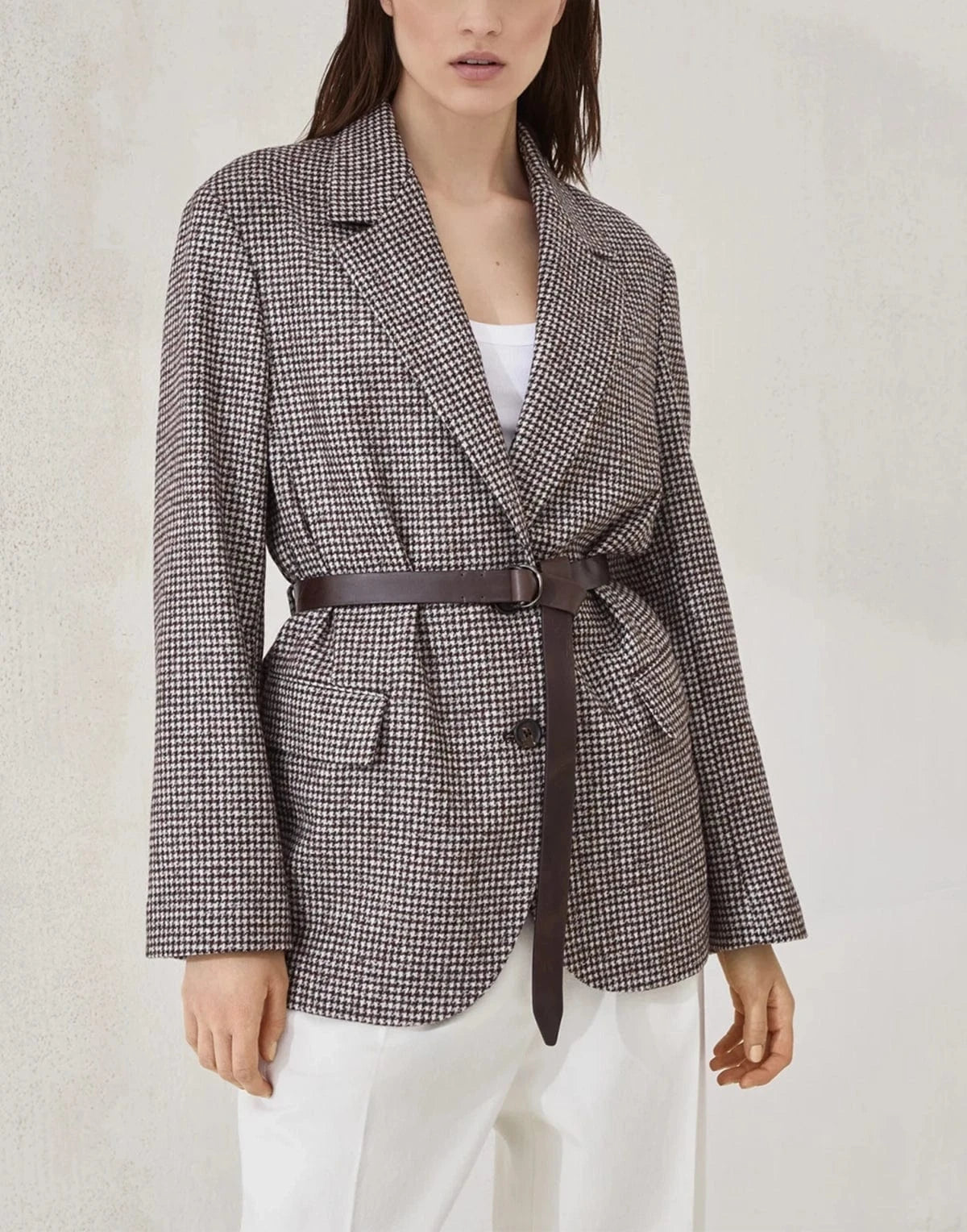 Brunello Cucinelli Wool-Alpaca Blend Houndstooth Belted Blazer