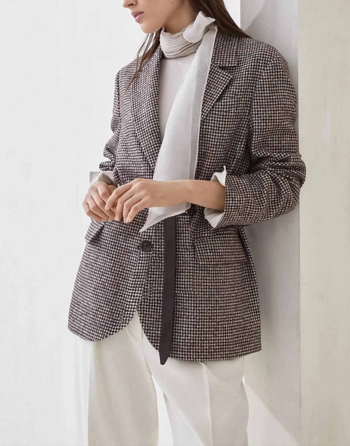 Brunello Cucinelli Wool-Alpaca Blend Houndstooth Belted Blazer