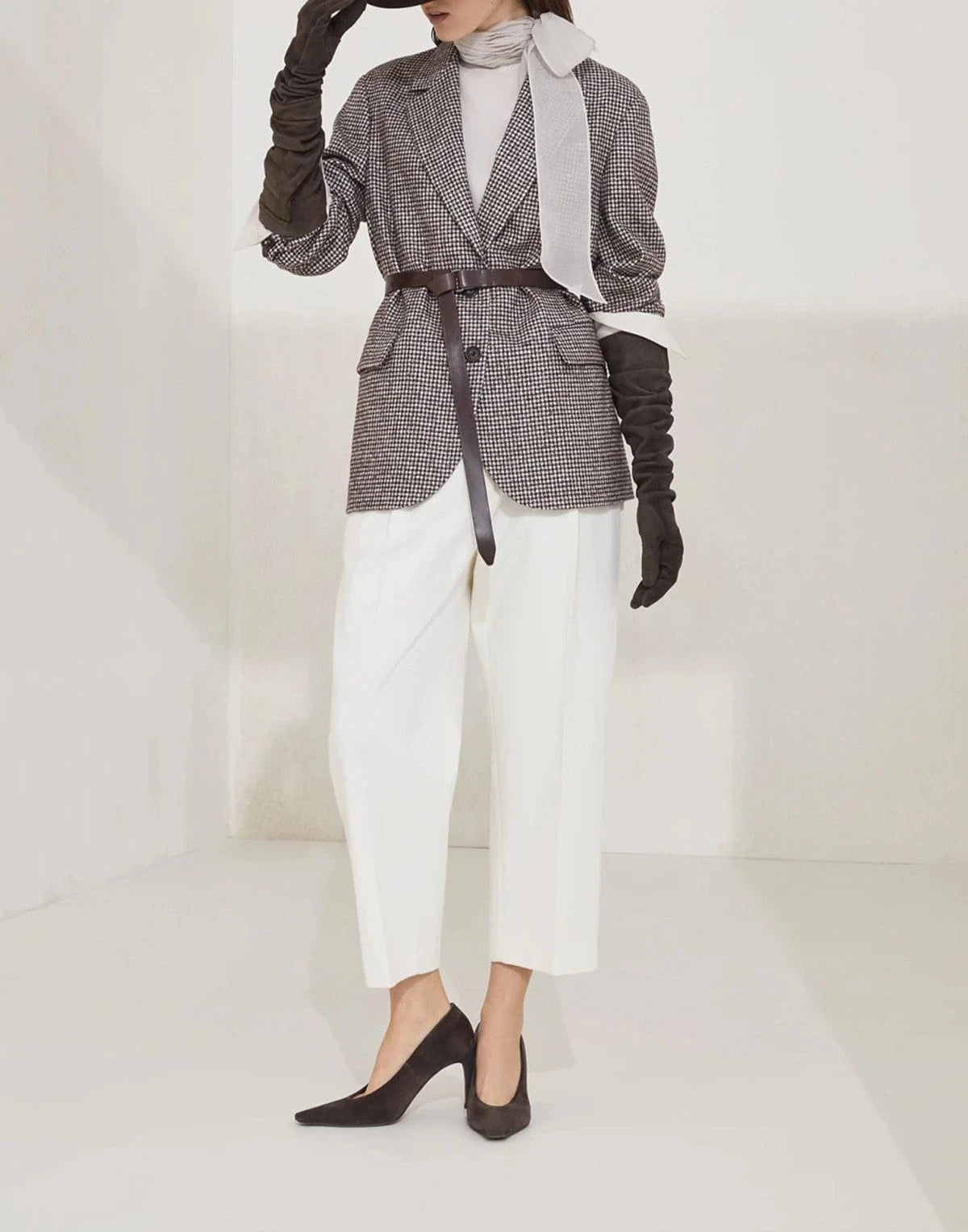 Brunello Cucinelli Wool-Alpaca Blend Houndstooth Belted Blazer