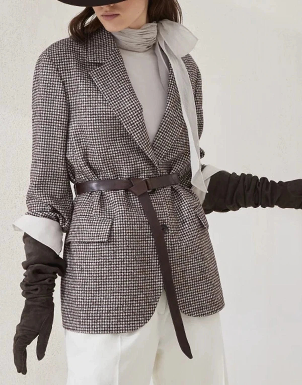 Brunello Cucinelli Wool-Alpaca Blend Houndstooth Belted Blazer