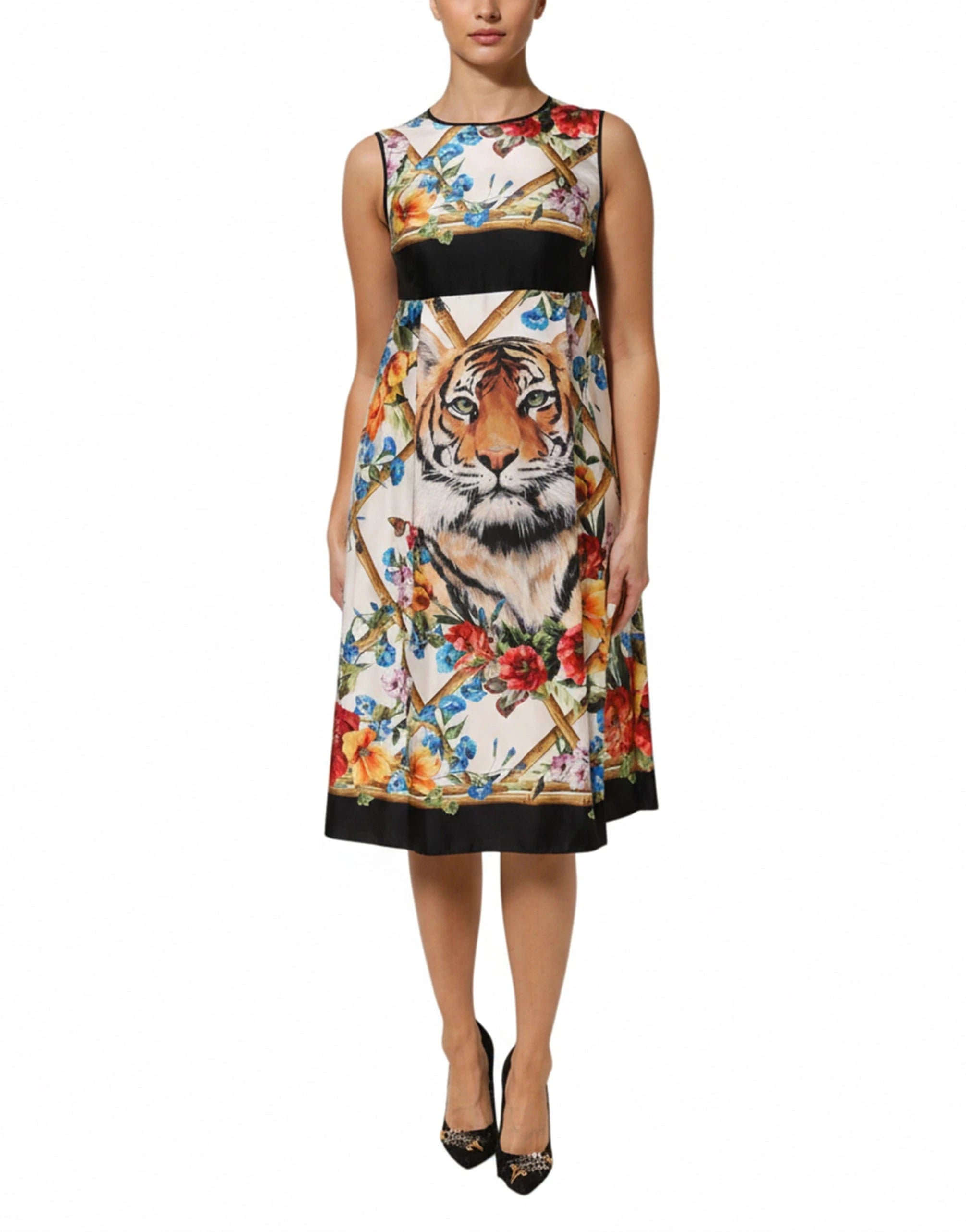 Dolce 
Gabbana Floral Tiger-Print A-Line Midi Dress