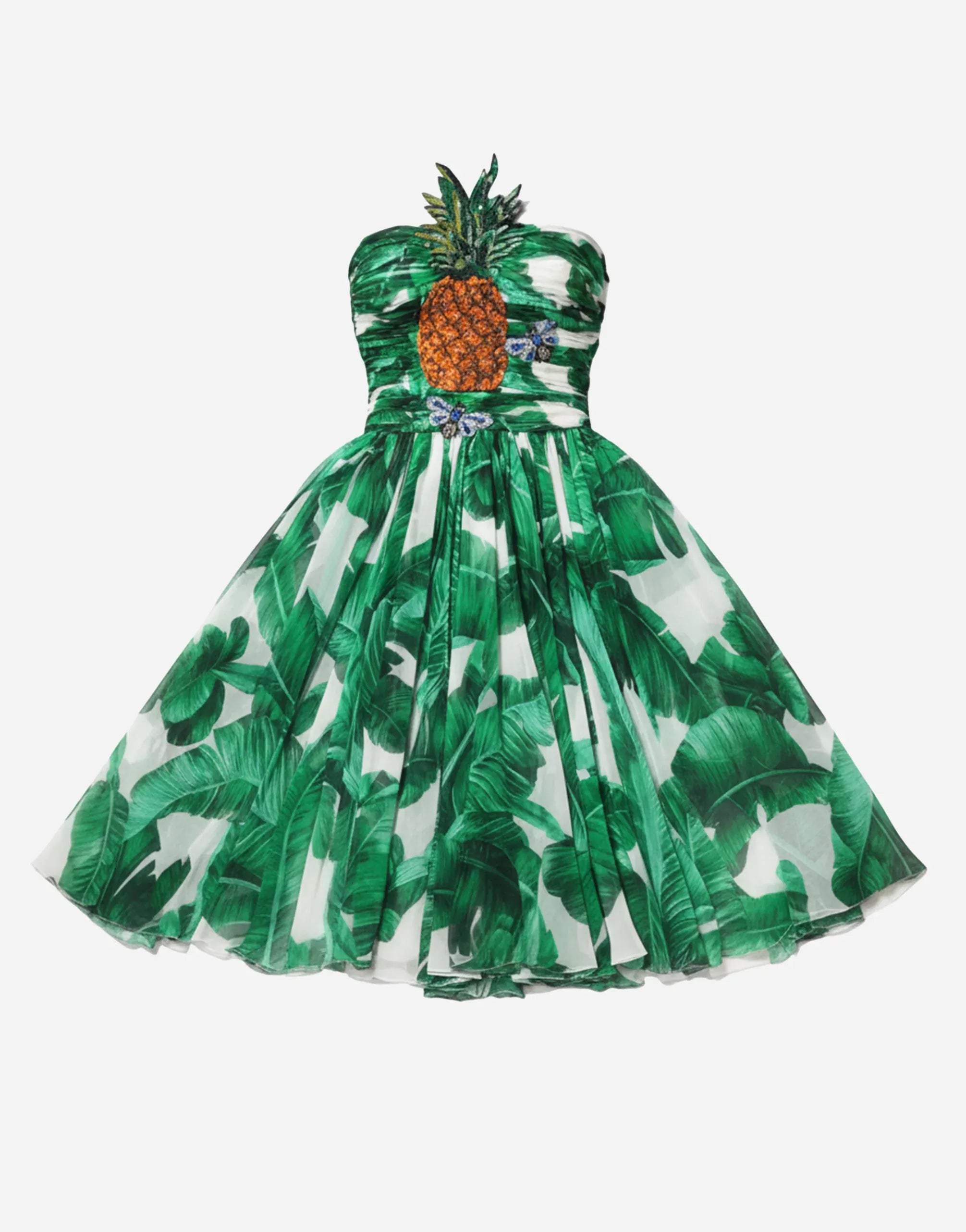 Dolce 
Gabbana Pineapple Embellished Banana Leaf-Print Strapless Dress
