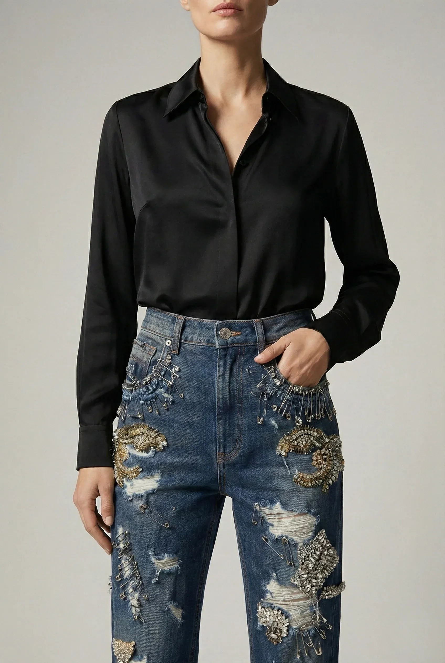 Dolce 
Gabbana Runway Amber Rhinestone And Pins Embellished Jeans